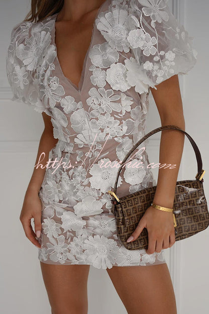 Garden Gala Embroidered Applique Puff Sleeve Mini Dress