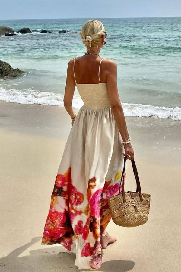 Hidden Garden Satin Print Smocked Tie-up Shoulder Maxi Dress
