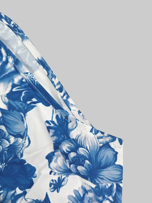 A-line Loose Flower Print Split-joint Lapel Maxi Dresses