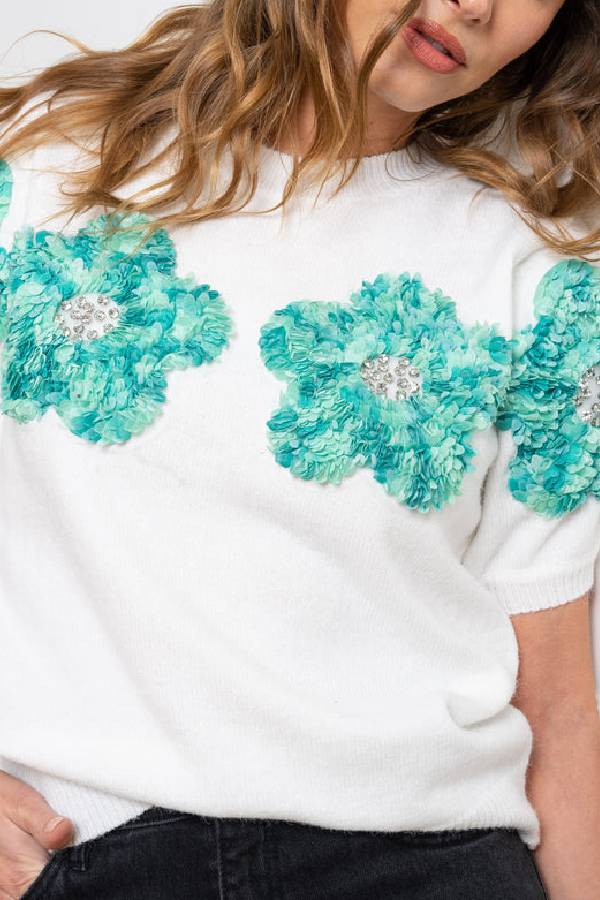 Crewneck Short Sleeves 3d Flower Sweater Top