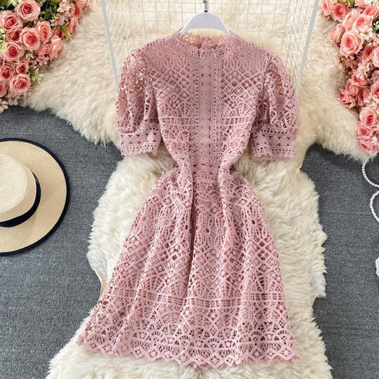 Pink O-neck Hollow Out Lace High Waist Puff Sleeve Mini Dress Ar1010