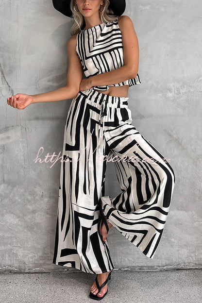 Striped Printed Sleeveless Top and Elastic Waist Loose Pocket Wide-leg Pants Set