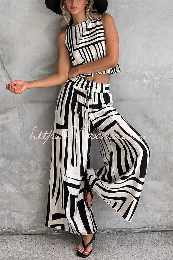 Striped Printed Sleeveless Top and Elastic Waist Loose Pocket Wide-leg Pants Set