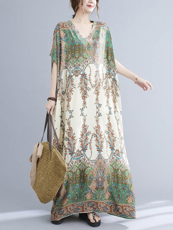 Printed V-neck Batwing Sleeves H-line Maxi Dress