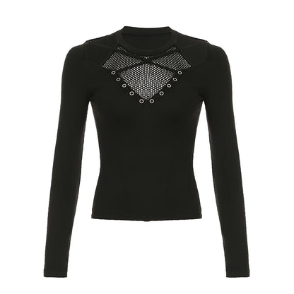 Darkly Punk Cothic Long Sleeve T-shirt Patchwork Fabric Cut Out O-neck Top Tees Slim Tops