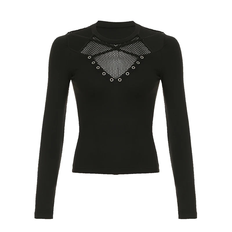 Darkly Punk Cothic Long Sleeve T-shirt Patchwork Fabric Cut Out O-neck Top Tees Slim Tops