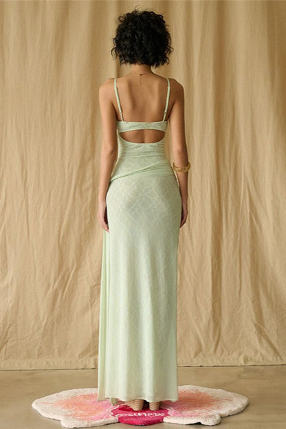 Lace Mesh 3d Waist Cinched Cami Maxi Dress