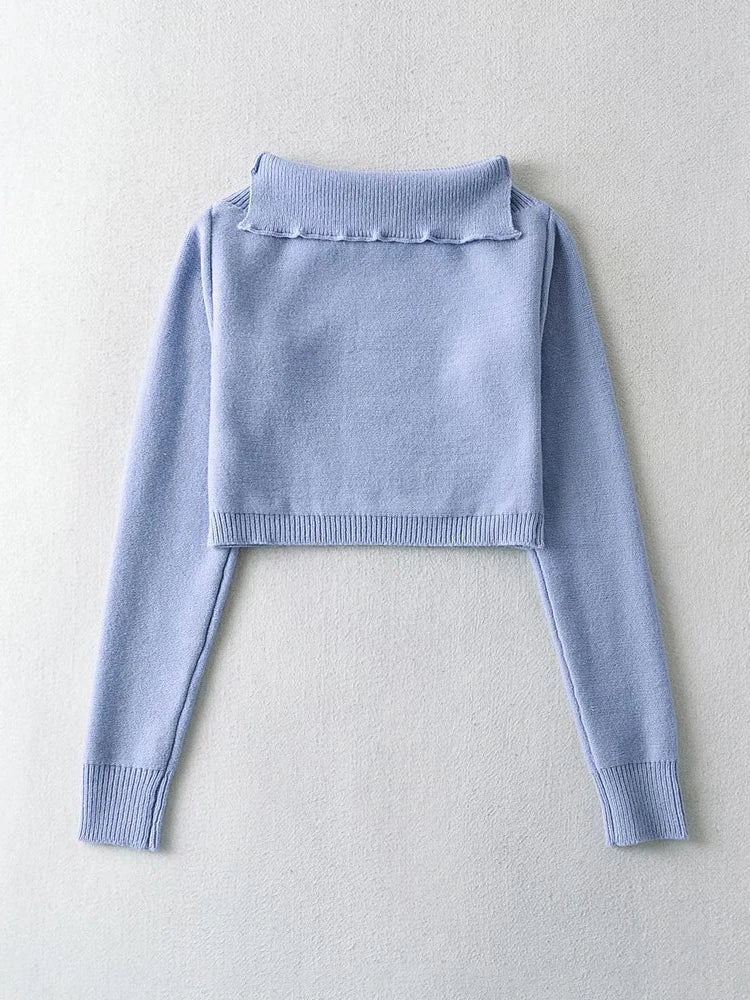 Off-shoulder Cropped Pullover Top Sweater E-girl Blue Turn-down Collar Crop Sweaters Knit Tops