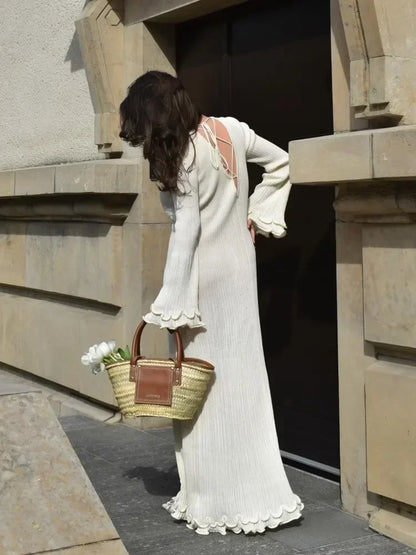 Autumn Ruffled White Maxi Dress Backless Lace-up Slim Ribbed Long Sleeve Patchwork Dress Knitwear Female Long Dress