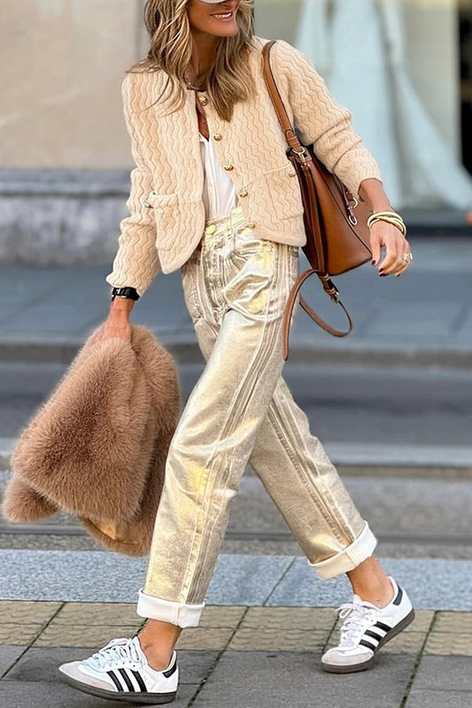 Color V-neck Long-sleeved Loose Pocket Knit Cardigan