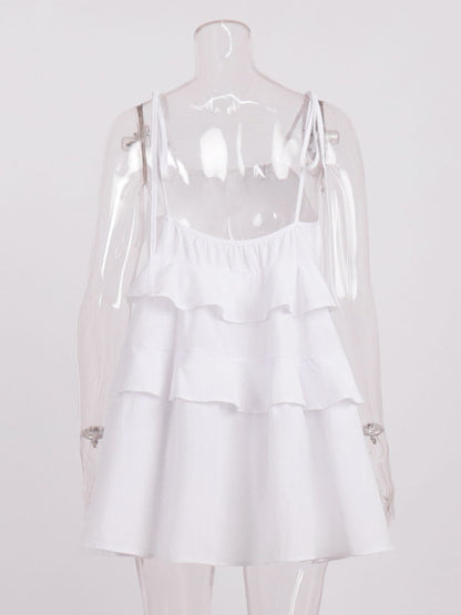 High Waisted Loose Backless Layered Pleated Color Tied Spaghetti-neck Mini Dresses