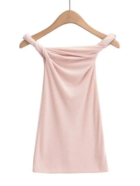 Twist Off-shoulder Slim T-shirt Patchwork Backless ’s Top Y2k Top Pleated Strapless Pullover Tee