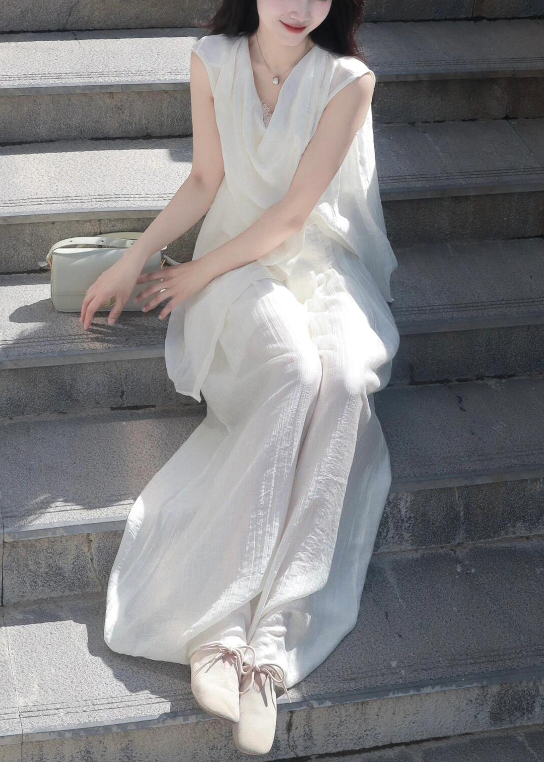 New White Asymmetrical Shirts and Wide Leg Pants Cotton Two Pieces Set Summer Ee020