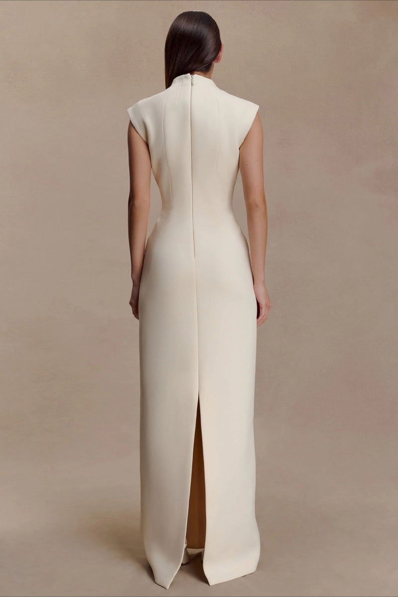 Asymmetrical Cutout Metal Trim Ruched Maxi Dress