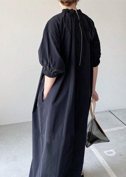 Navy Back Zippered Cotton Maxi Dress Half Sleeve Tz013