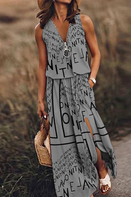 Sleeveless Long Dress Waist Zipper Letter Dress