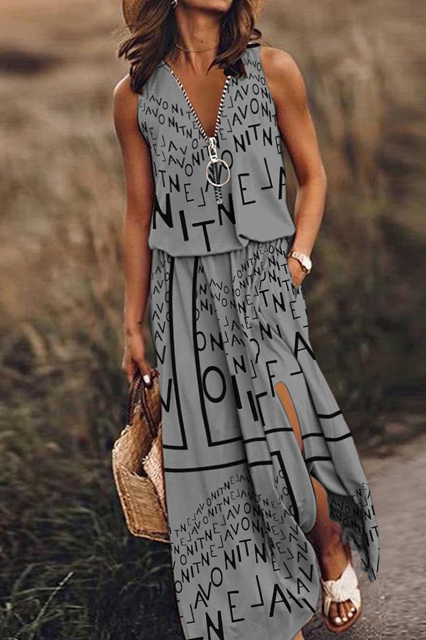 Sleeveless Long Dress Waist Zipper Letter Dress