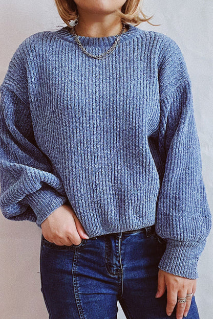 Color Round Neck Lantern Sleeve Short Knitted Sweater