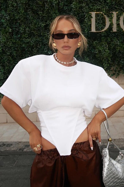 Wide Shoulder Tie Waist Elbow Sleeve T-shirt
