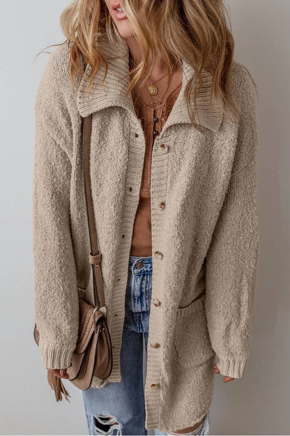 Jet Stream Collared Drop Shoulder Button Up Cardigan With Pocket