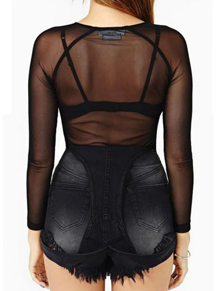 Spring Summer Long Sleeve Black Mesh Top Blouses Transparent Punk Club Shirt Tees Beach Tops
