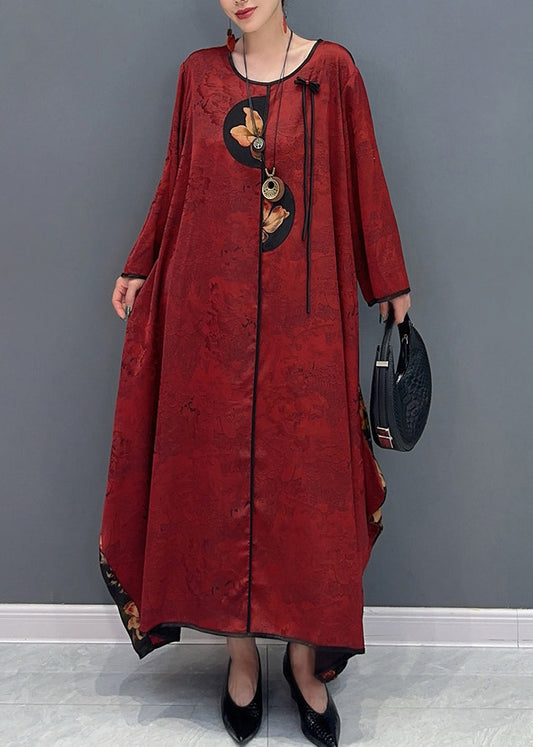 Chinese Style Red O-neck Patchwork Holiday Silk Long Dress Long Sleeve Ao1057
