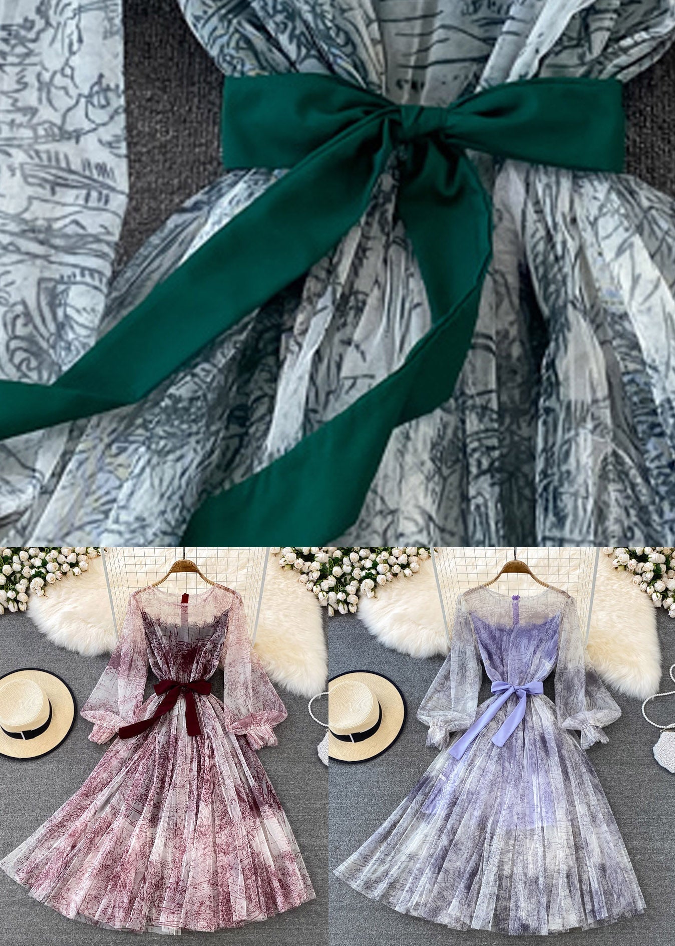 Purple O-neck Bow Tulle Long Dress Puff Sleeve Aj1038