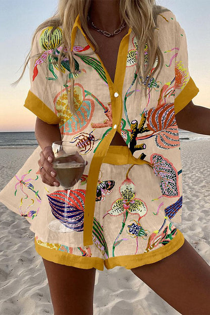 Broadleaf Print Loose Button Elastic Waist Shorts Set