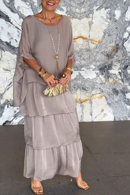 Color Crew Neck Loose Tiered Maxi Dress