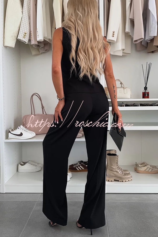 Workplace Sleeveless Button Vest and Relaxed Pocket Wide Leg Pants Set