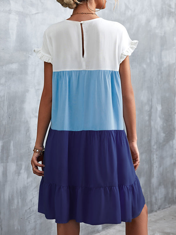 Loose Ruffle Sleeves Contrast Color Falbala Pleated Split-joint Round-neck Mini Dresses