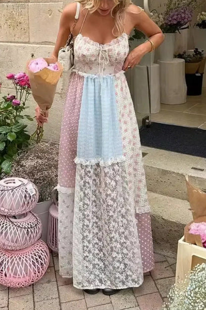 Lace Halterneck Backless Patchwork Maxi Dress