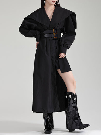 High Waisted Long Sleeves Asymmetric Belted Pleated Color Lapel Midi Dresses