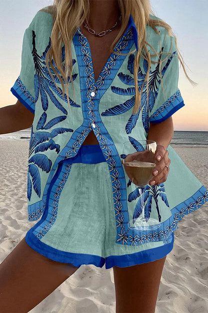 Blue Coconut Tree Print Loose Button Elastic Waist Shorts Set