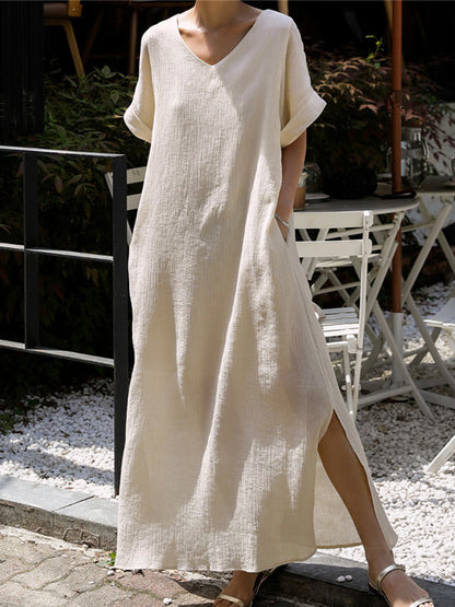 A-line Loose Hollow Color Split-side Tied Waist V-neck Midi Dresses