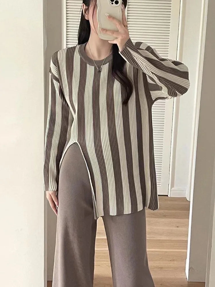 Knitted Side Slits Sweater Autumn Loose High Waist Long Pants ’s Pullover 2 Piece Suits Outfits