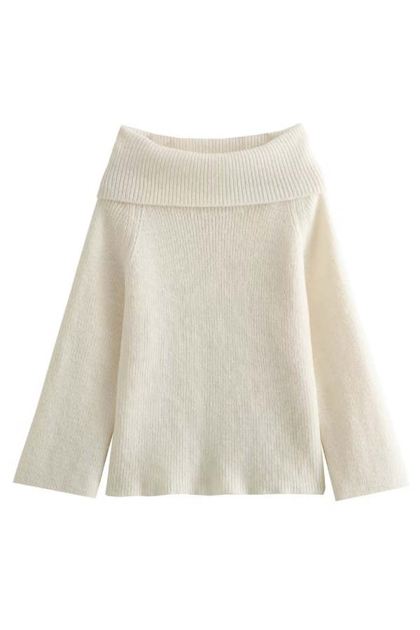 Slim Fit Color Pullover Sweater With Off-shoulder Neckline