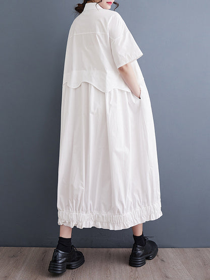 Loose Short Sleeves Elasticity Pleated Split-joint Lapel Midi Dresses