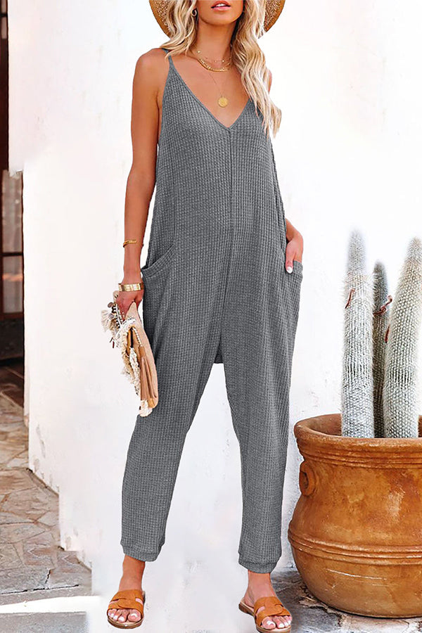 One Word Pleated Pure Color Jumpsuit