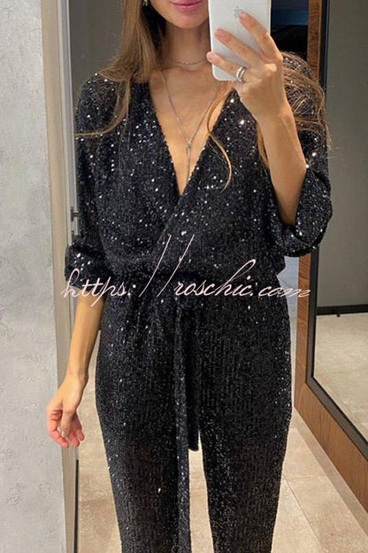 Cheers to You Sequin Long Sleeve Belted Wrap Loose Jumpsuit