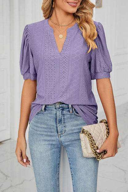 V-neck Color Hollow Puff Sleeve Loose T-shirt Top