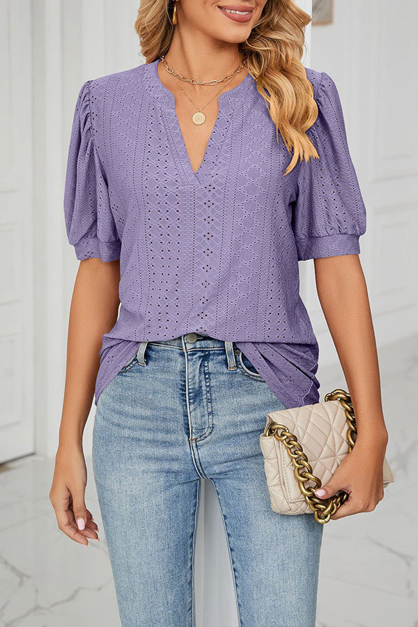 V-neck Color Hollow Puff Sleeve Loose T-shirt Top