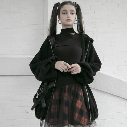 Style Mesh Stitched Plaid Warm High-waisted Fluffy Daily Thick Personality Mini Skirt