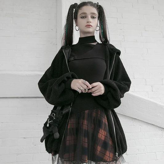 Style Mesh Stitched Plaid Warm High-waisted Fluffy Daily Thick Personality Mini Skirt