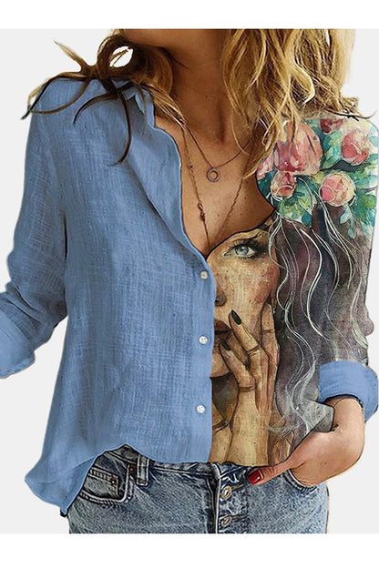 Figure Print Button Design Long Sleeve Blouse