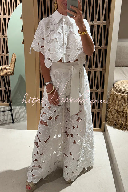 Redefining Elegance Lace Cropped Shirt and Belt Pocketed Wide Leg Pants Set
