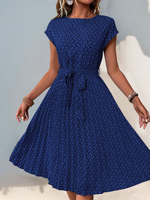 Loose Raglan Sleeve Printed Tied Waist Round-neck Midi Dresses