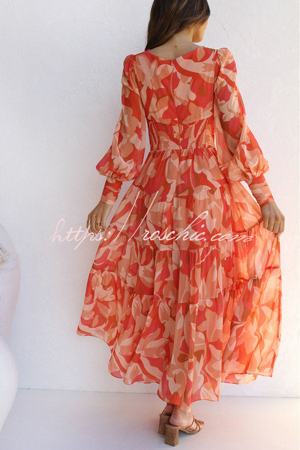 Olena Abstract Balloon Sleeves Maxi Dress (the Back Is Stretchy)