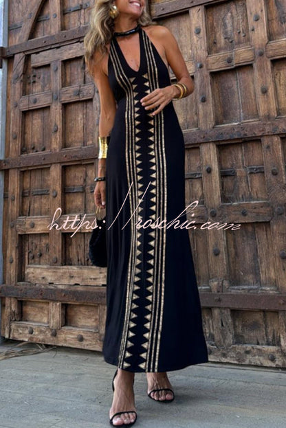 Meret Gold Geometric Print Halter Backless Stretch Maxi Dress