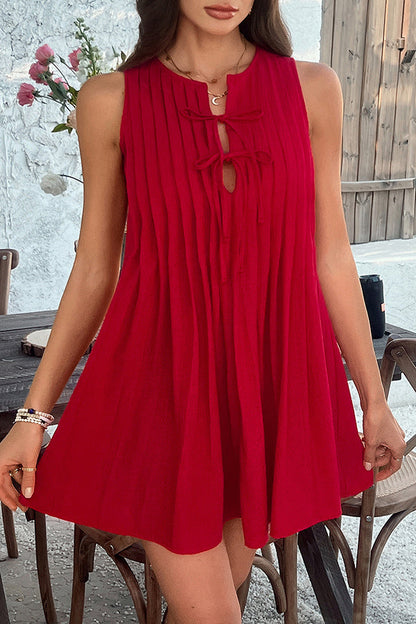 Color Sleeveless Tie Pleated Mini Dress